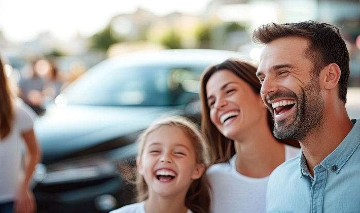 A joyful family of three a man a womanand a young girl laughing together outdoors near a carwith a blurred background of greenery and people.