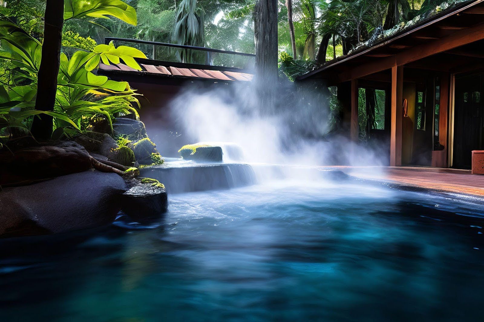 A serene tropical pool featuring water flowing from its side framed by palm trees and colorful plants