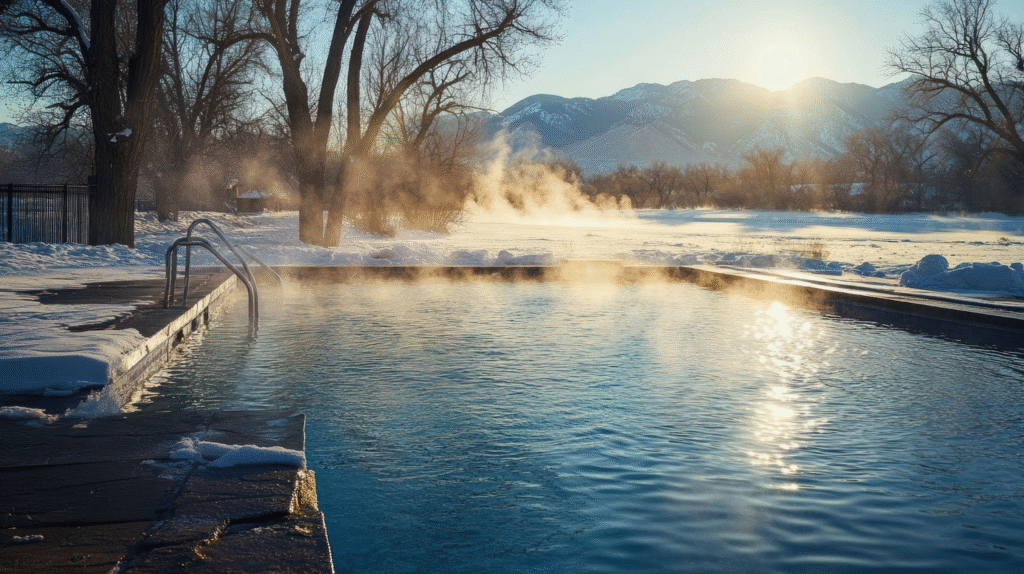 A serene pool nestled among snow-covered mountains creating a tranquil winter landscape