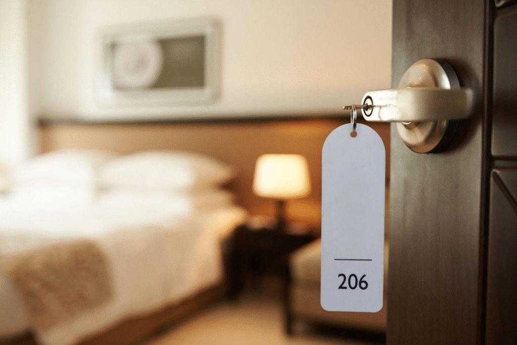 A white hotel room door with a white tag attached indicating room status.