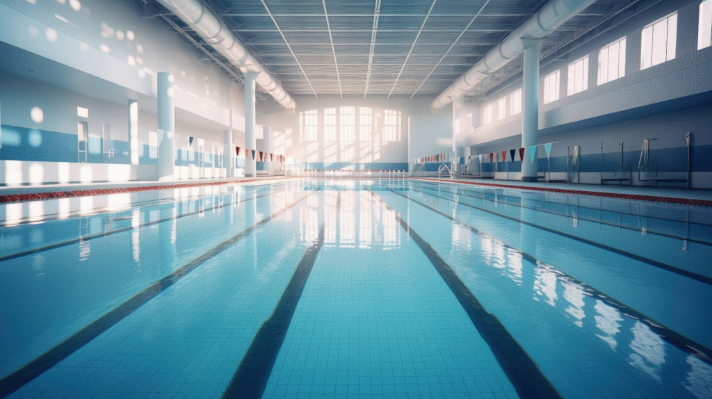 An empty indoor swimming pool in a spacious building emphasizing clean lines and open space