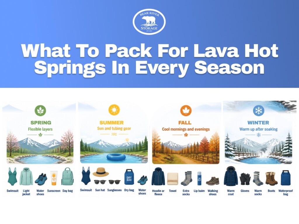 Infographic showing seasonal packing recommendations for visiting Lava Hot Springs.